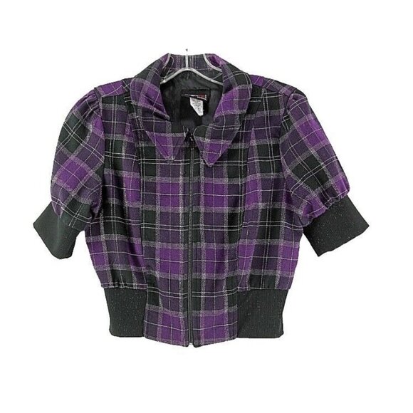 Digit@l Sz S Purple Black Silver Plaid Poly Blend S Sleeve Zip Front Jacket - Picture 1 of 5